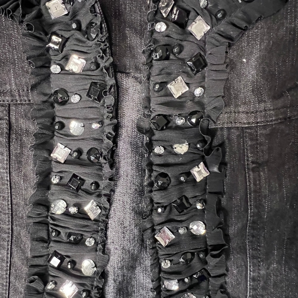 Ruby Rd Woman Black Denim Rhinestone Ruffle Open Front Jacket 18W 3/4 Sleeve - Picture 6 of 9